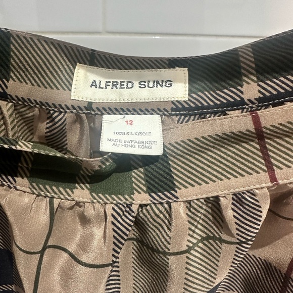Vintage Alfred Sung 100% Silk Skirt Hong Kong, Plaid Print, Button-Up Side SZ 12 - Picture 4 of 5